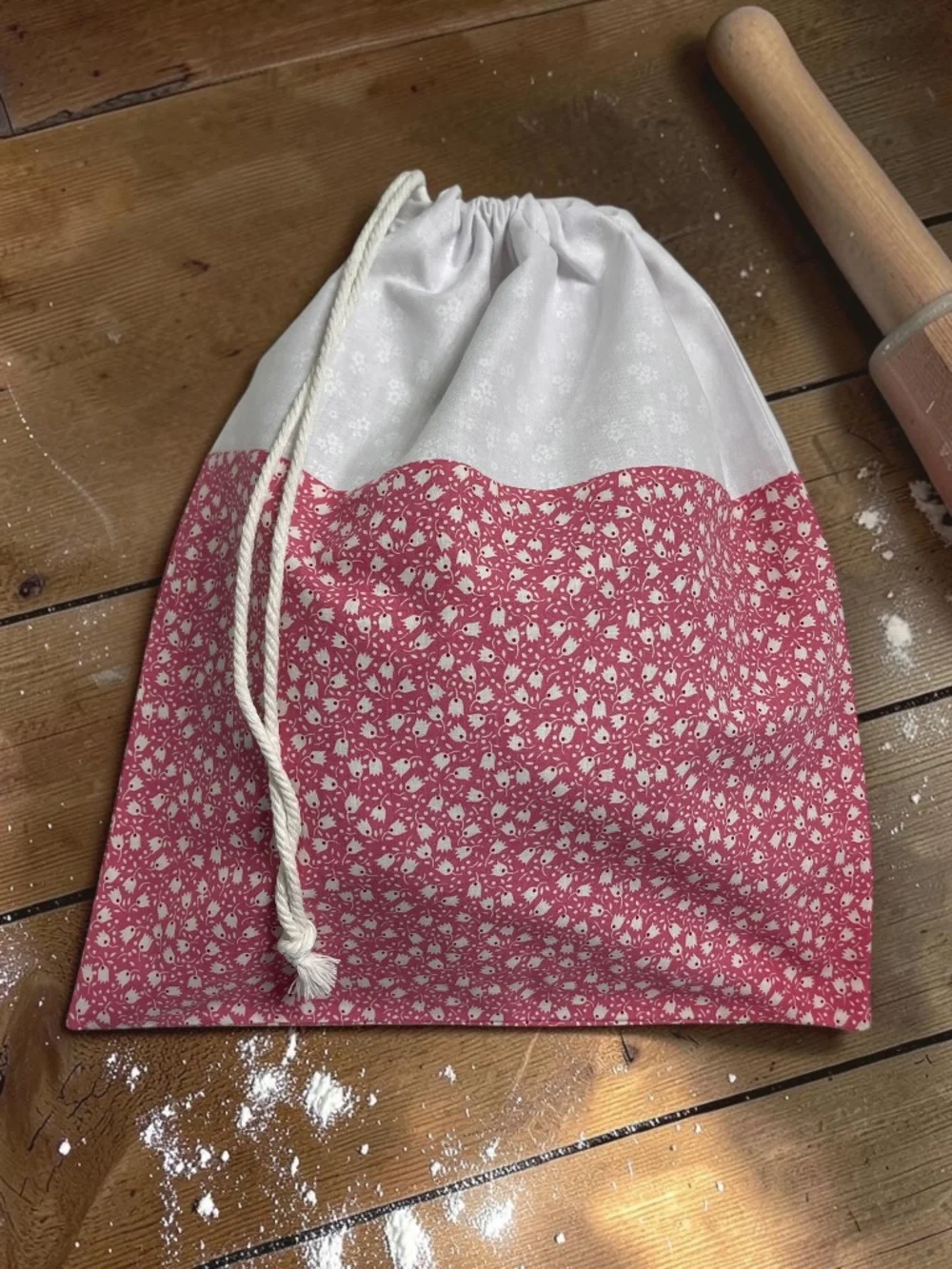White Tulip & Pink Cotton Bread Bag | Reusable Sourdough Bread Storage Bag